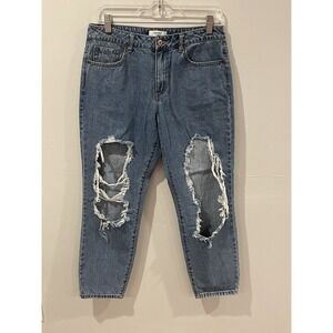 Forever 21 Women's Mom Blue‎ Jeans Tapered High Rise Distressed Size 28